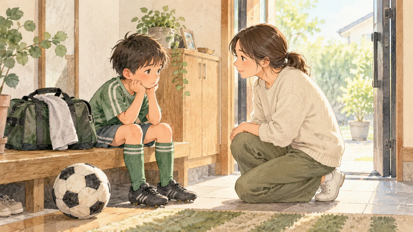 玄関で練習前の子どもの気持ちを、目線を合わせて聞く保護者