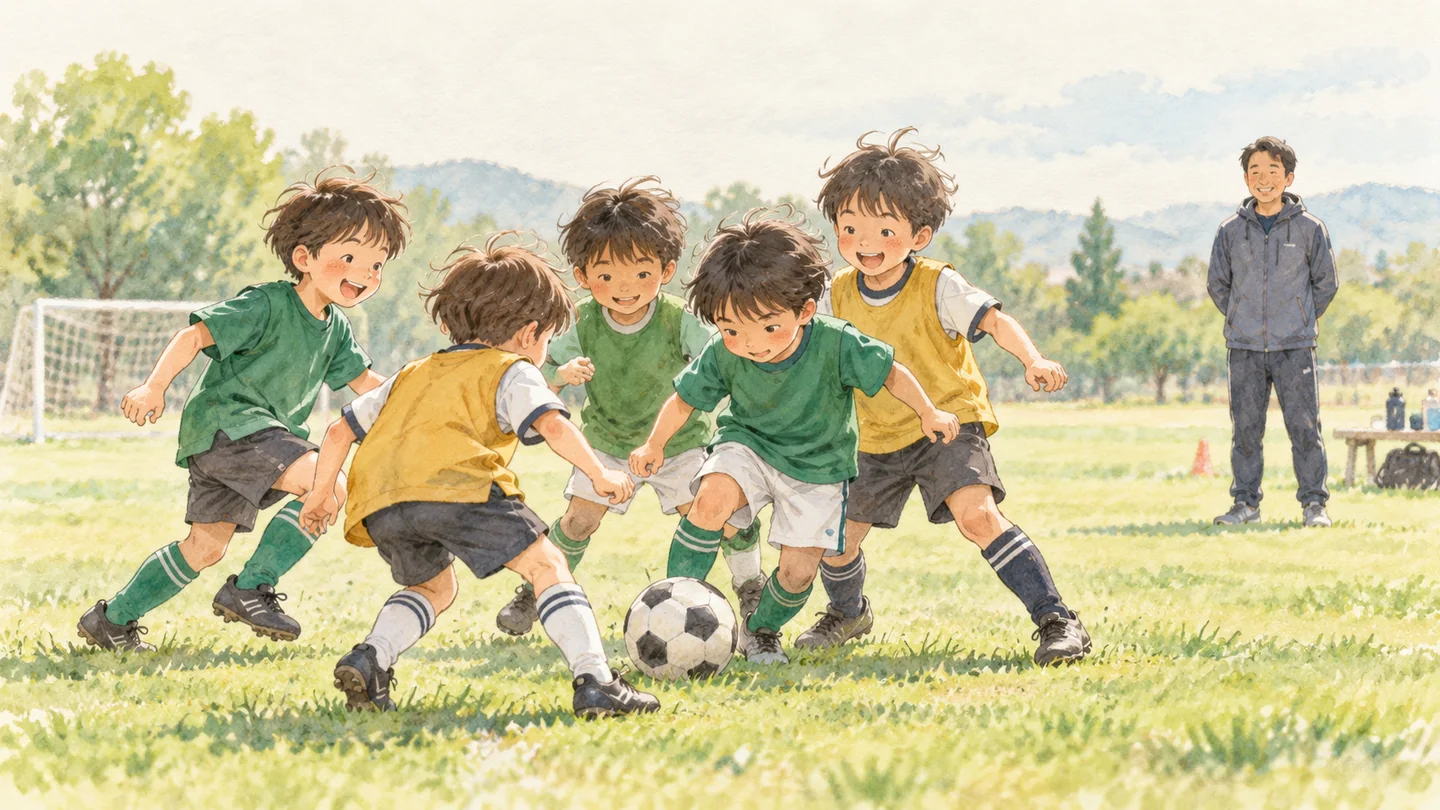 ひとつのボールの周りに集まる低学年の子どもたち