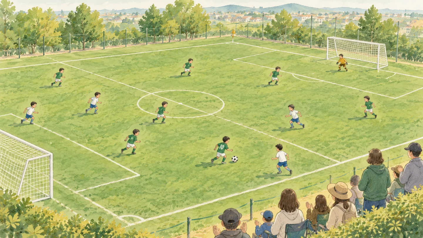 小学生の8人制サッカーを見守るグラウンドの風景