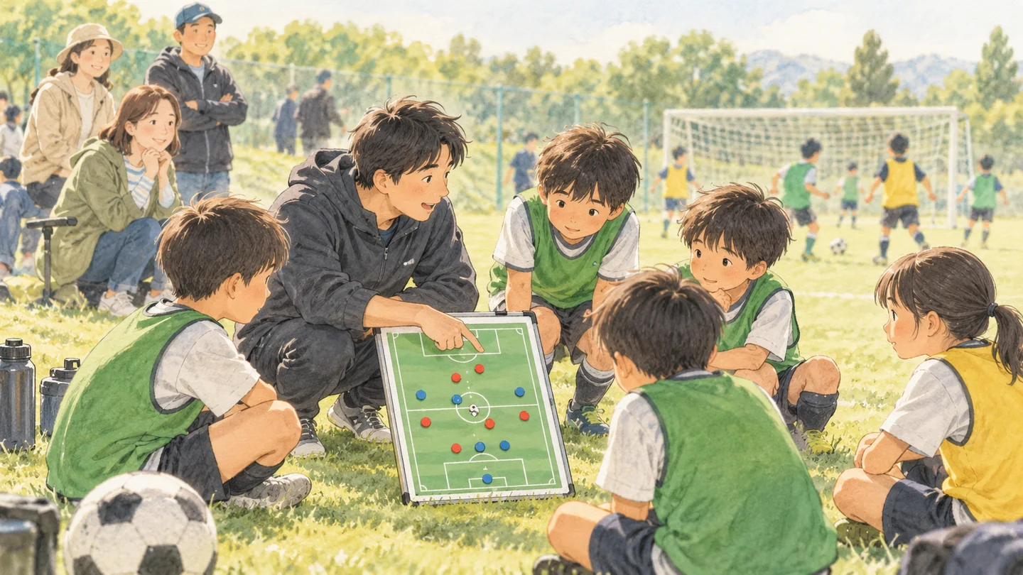 作戦ボードを囲んで、ポジションごとの役割を確認する子どもたち