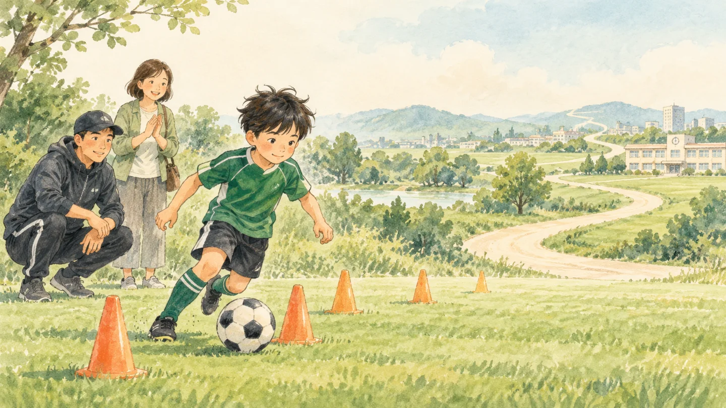 得意なサッカーを楽しみながら練習し、周囲に見守られる子ども
