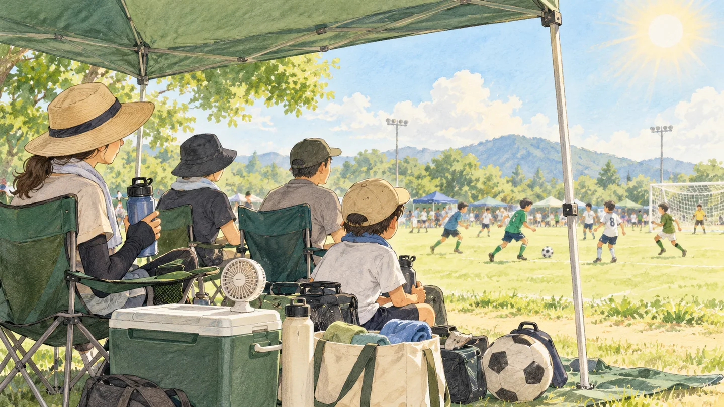 暑い日の試合で、日よけと飲み物を用意して見守る保護者